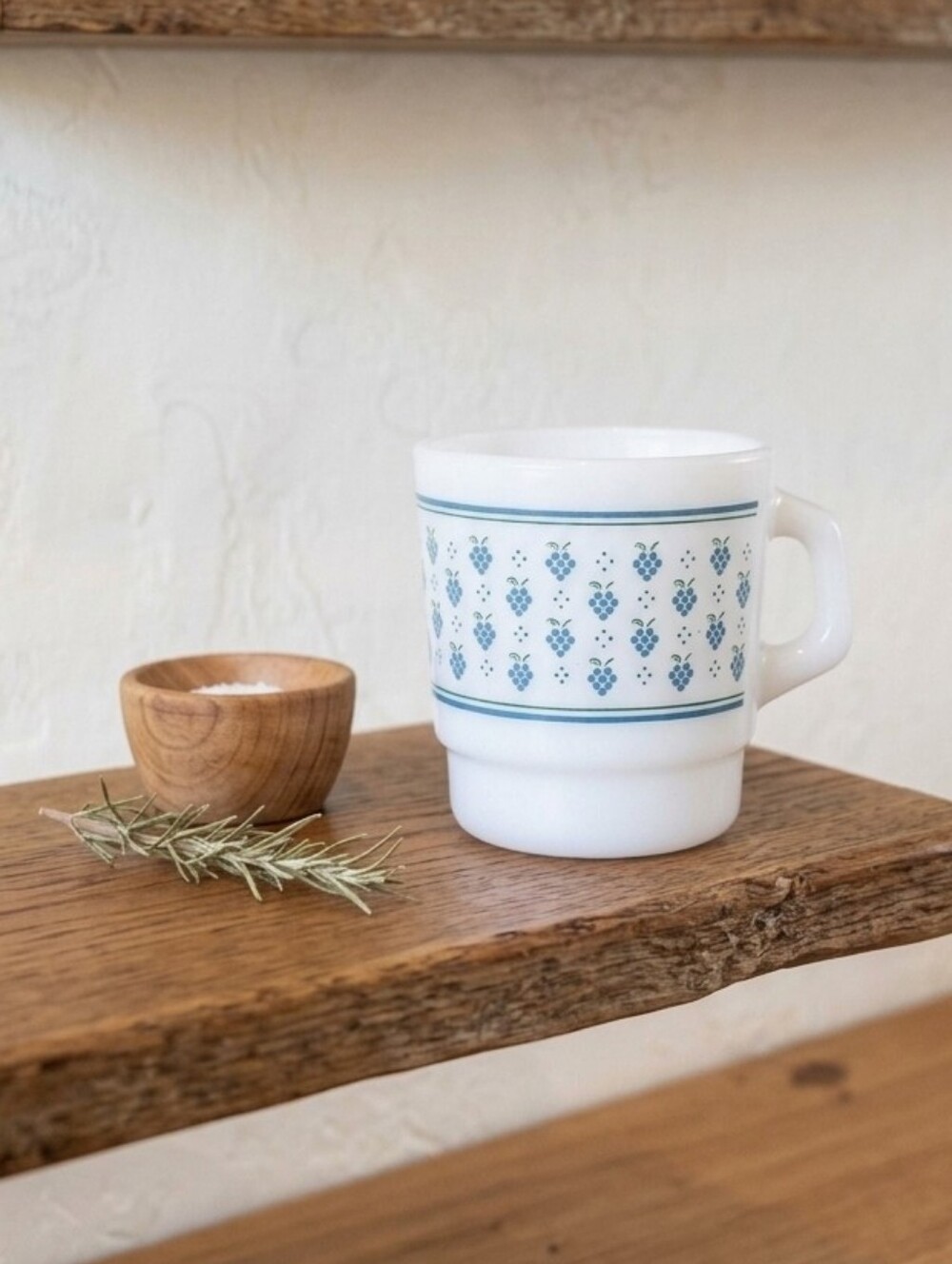 White Milk Glass Mug with Blue Grape Pattern